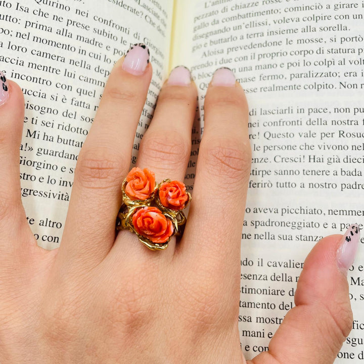 Coral rose tris ring mounted on silver