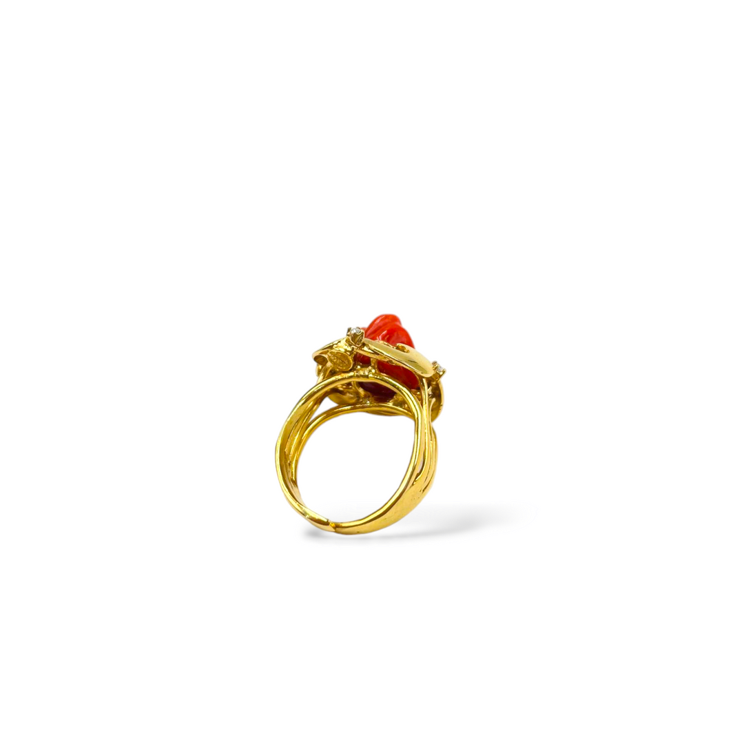 Pink ring in red coral mounted on silver