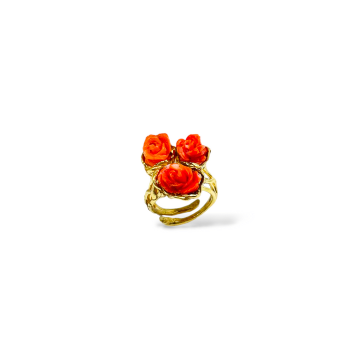 Coral rose tris ring mounted on silver