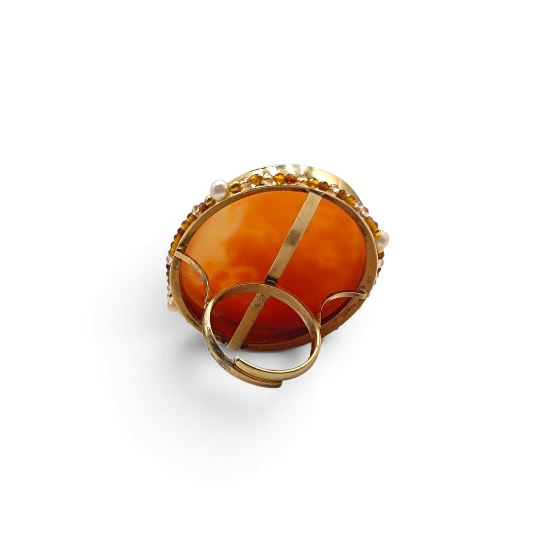 Anello Dea Athena di Cammeo, Perle e Zirconi montato in Argento Dorato