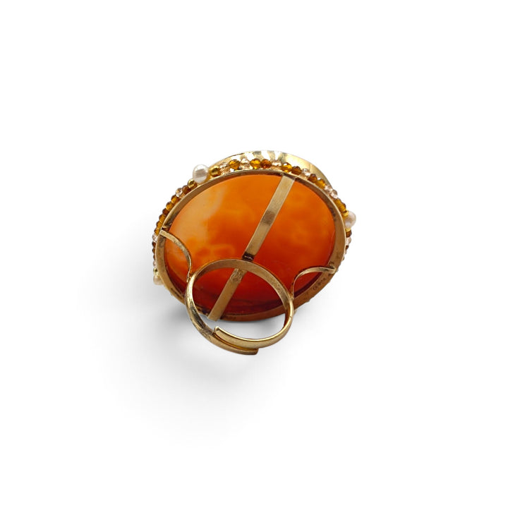 Anello Dea Athena di Cammeo, Perle e Zirconi montato in Argento Dorato