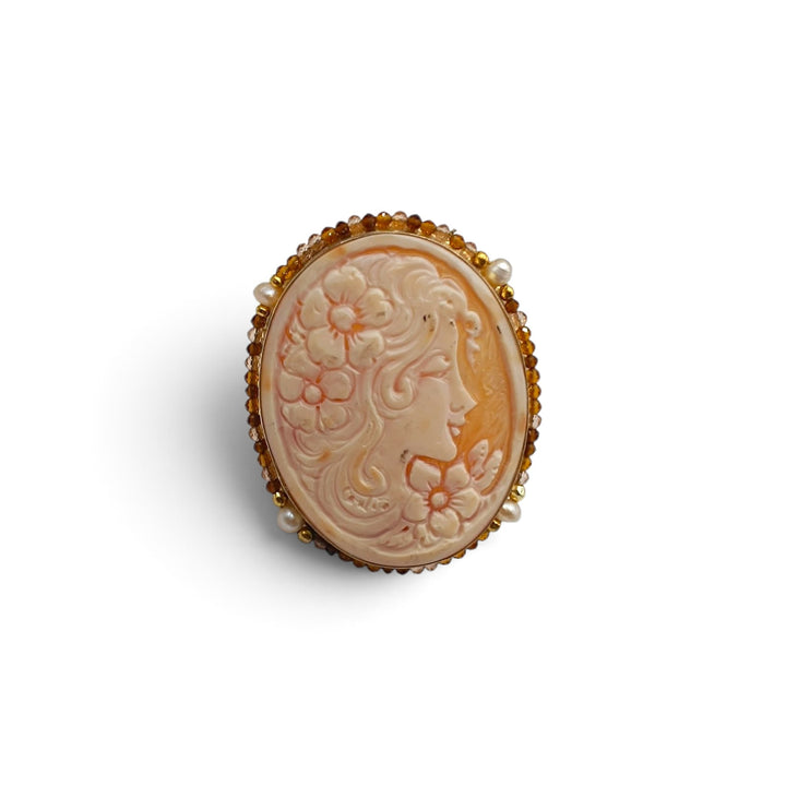 Anello Dea Athena di Cammeo, Perle e Zirconi montato in Argento Dorato