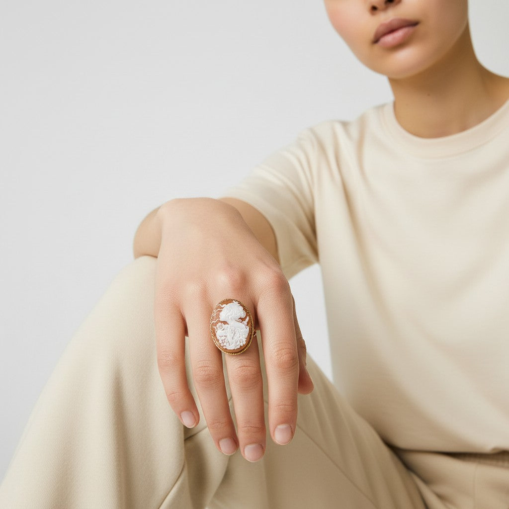 Anello Donna Samurai Kaori (香織) di Cammeo montato in Argento Dorato
