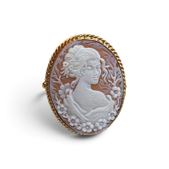 Anello Donna Samurai Sakura (桜) di Cammeo montato in Argento Dorato