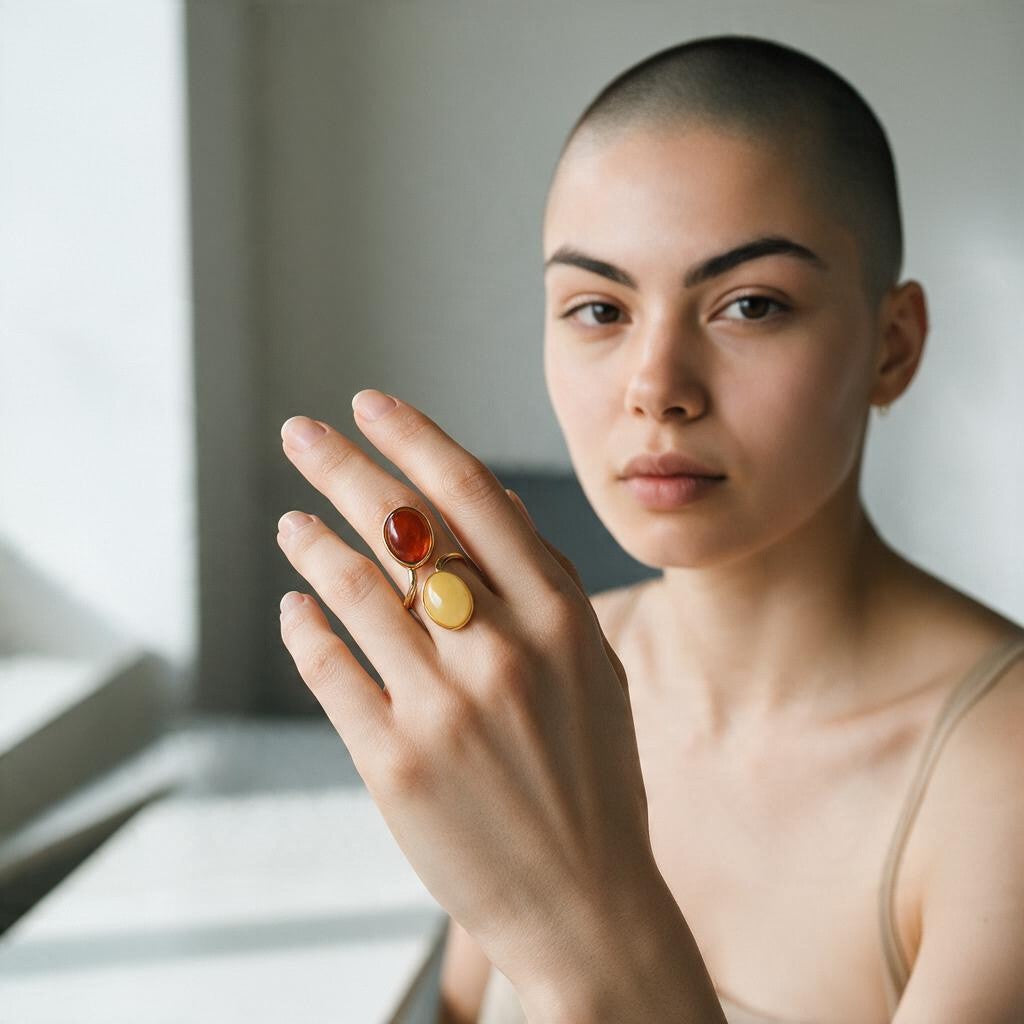 Anello Doppio di Ambra montato in Argento Dorato