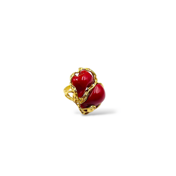 Pink coral stone ring mounted on silver