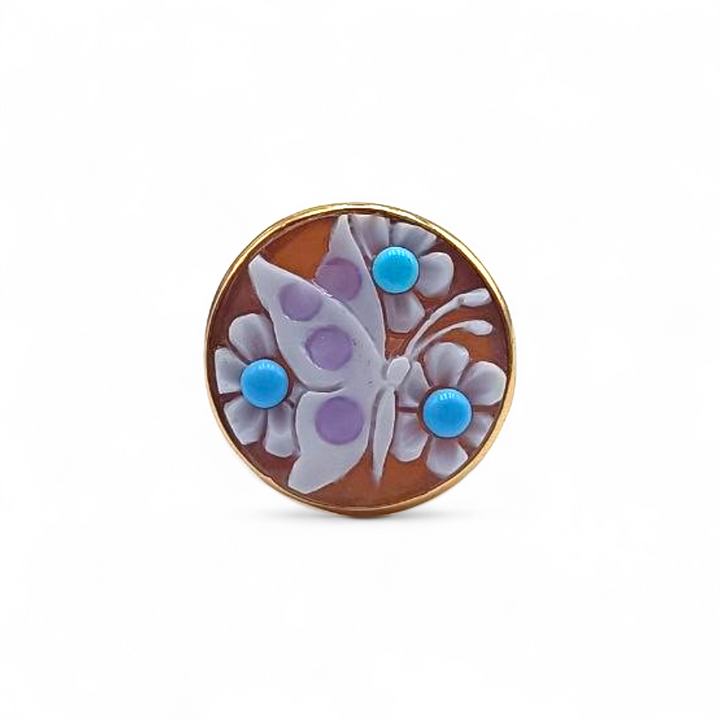 Anello Fiori e Farfalle di Cammeo smaltati e montato in Argento Dorato