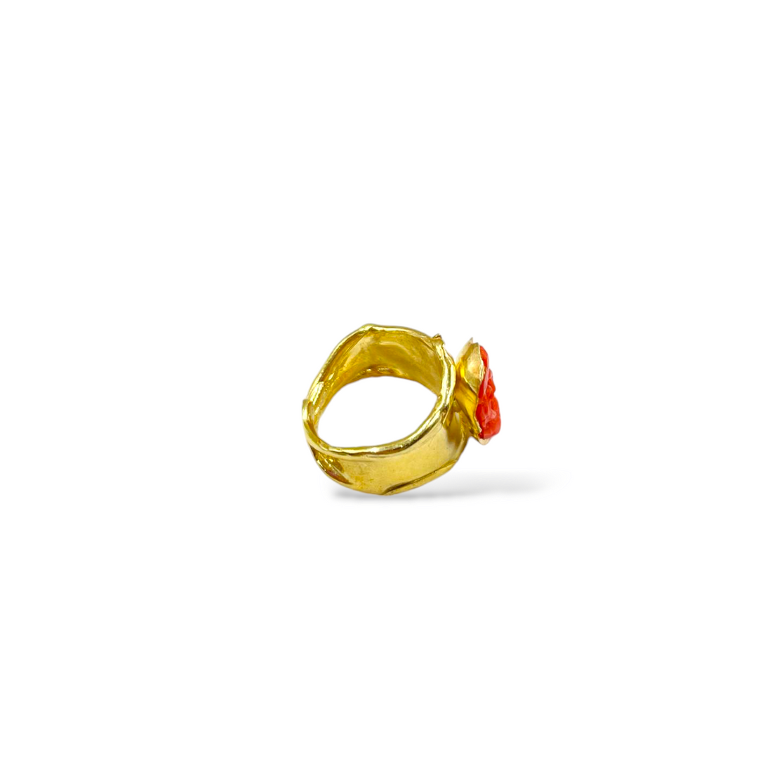 Pink coral band ring mounted on silver