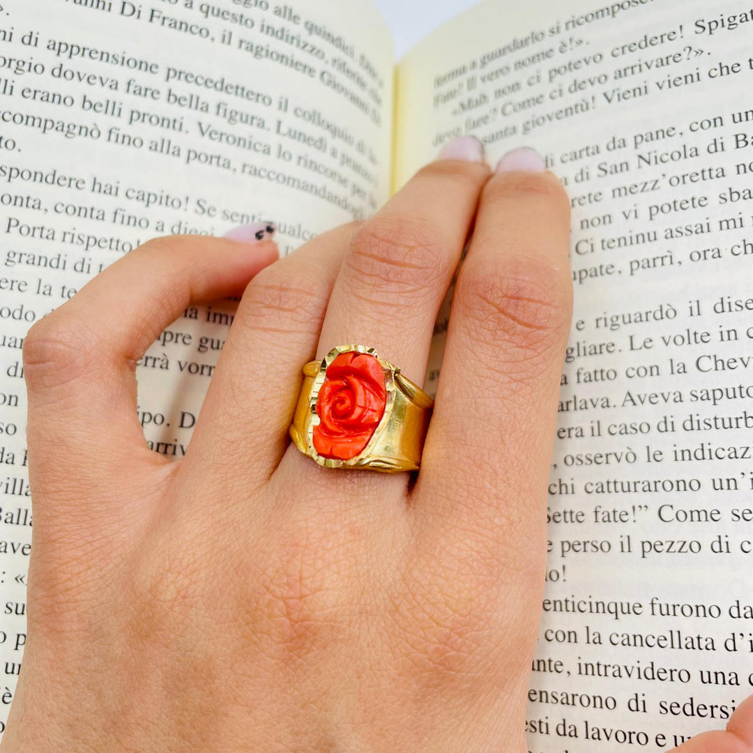 Pink coral band ring mounted on silver