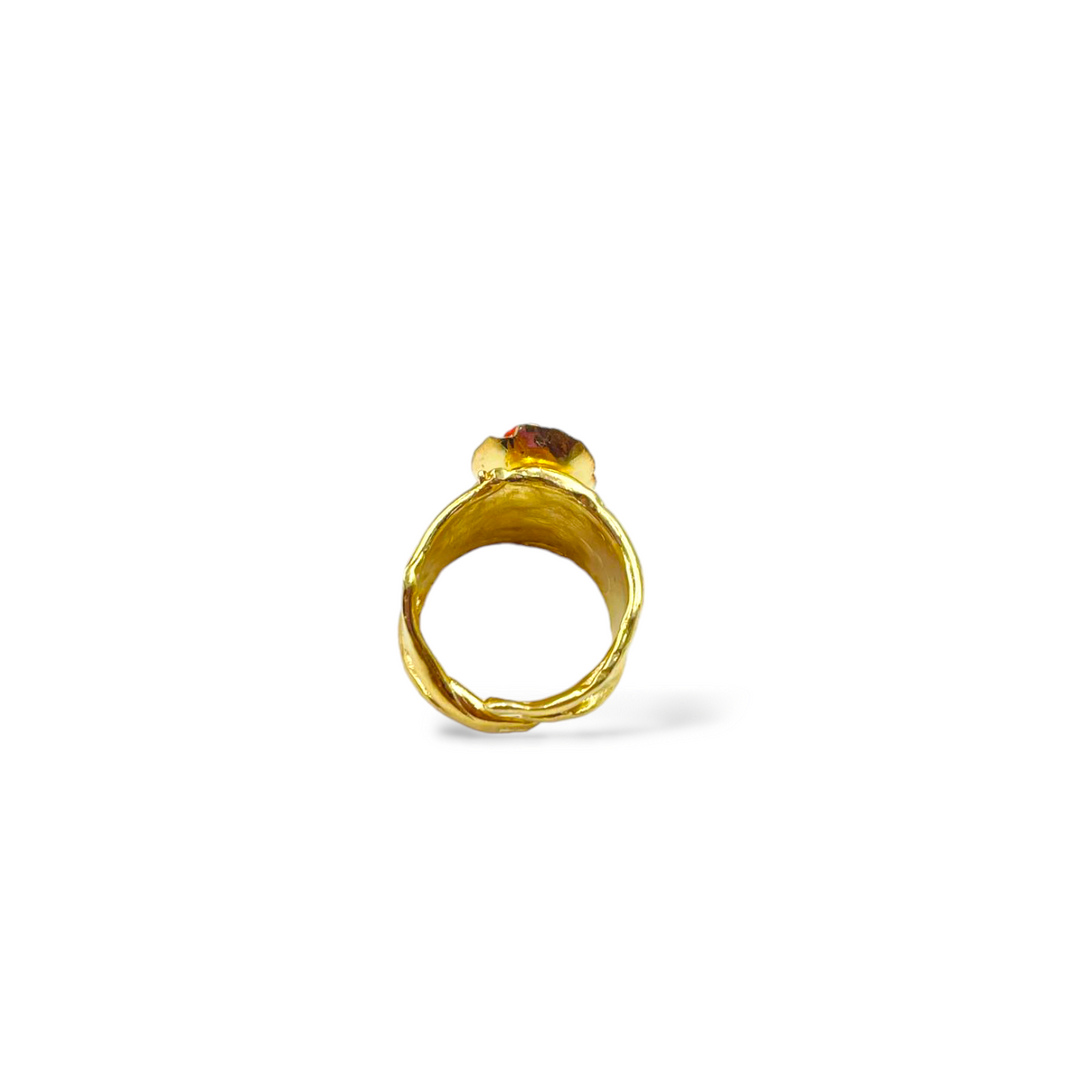 Pink coral band ring mounted on silver