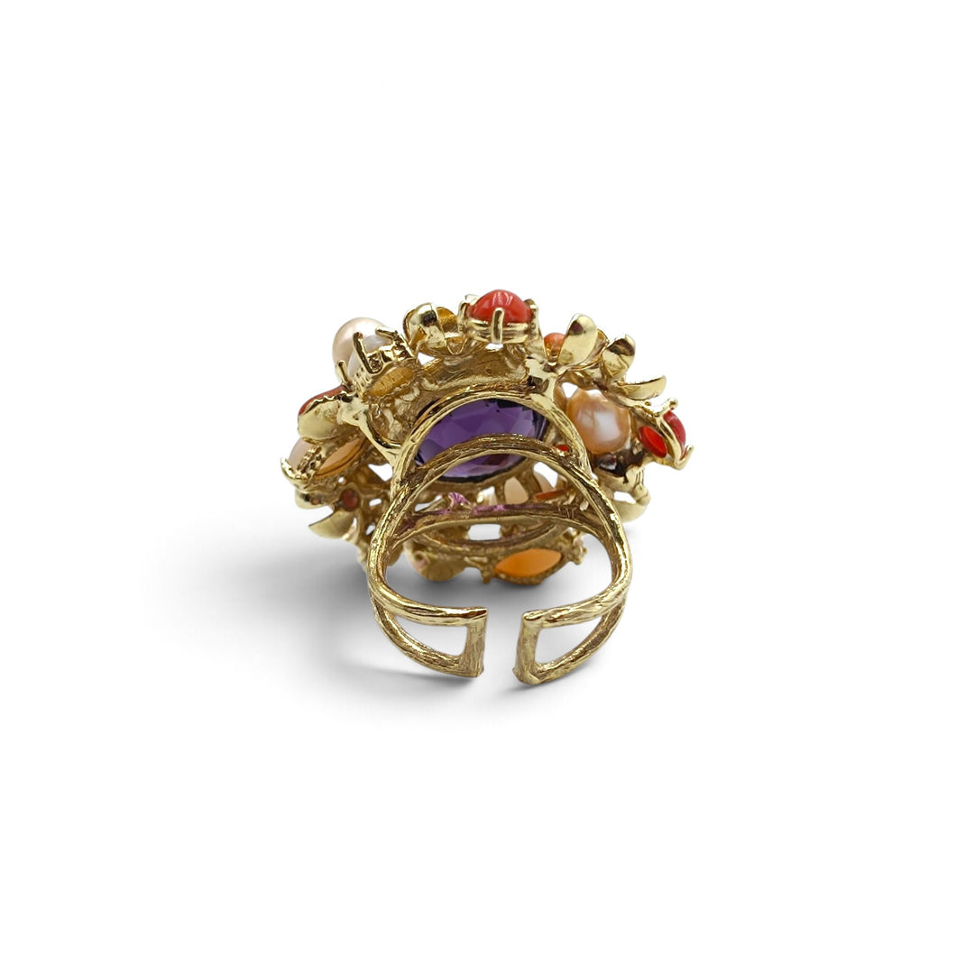 Anello Floreale di Ametista, Corallo e Perle montato in Bronzo
