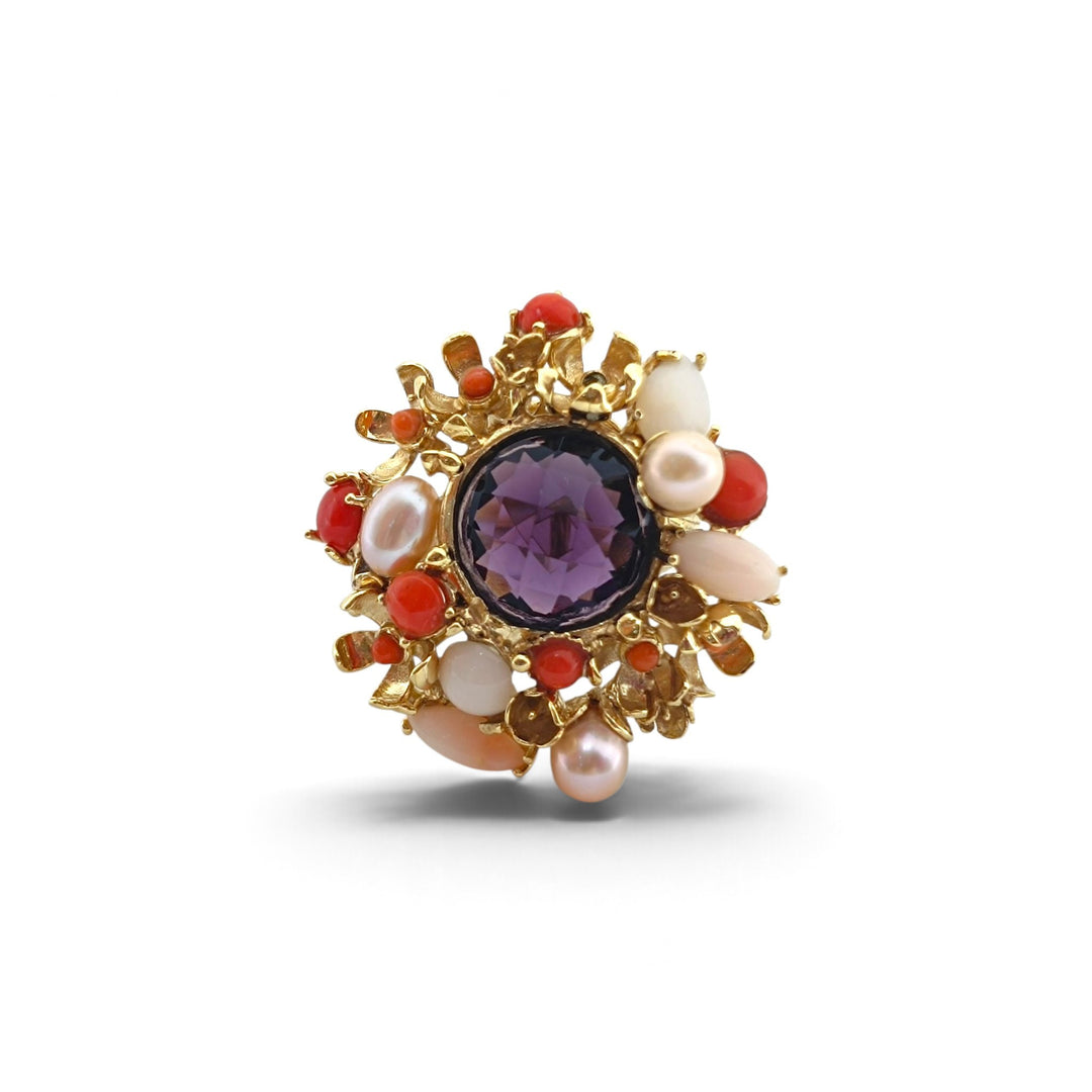 Anello Floreale di Ametista, Corallo e Perle montato in Bronzo