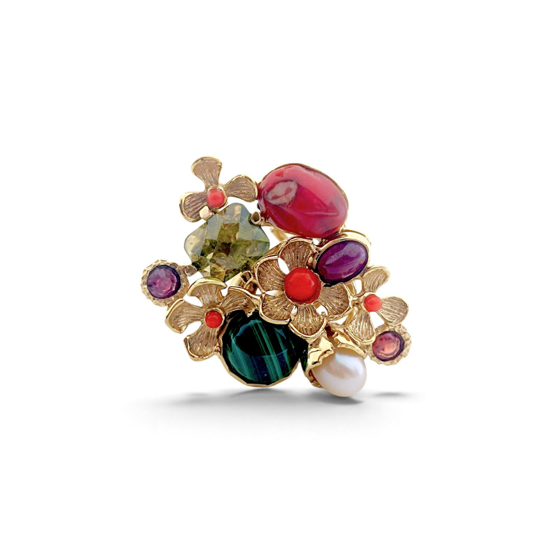 Anello Floreale con Pietre Naturali montato in Bronzo placcato Oro