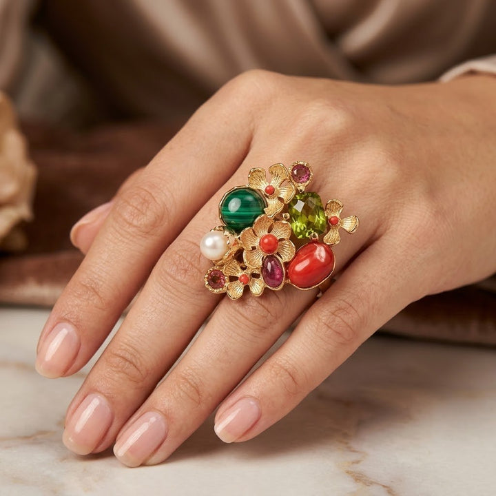Anello Floreale con Pietre Naturali montato in Bronzo placcato Oro