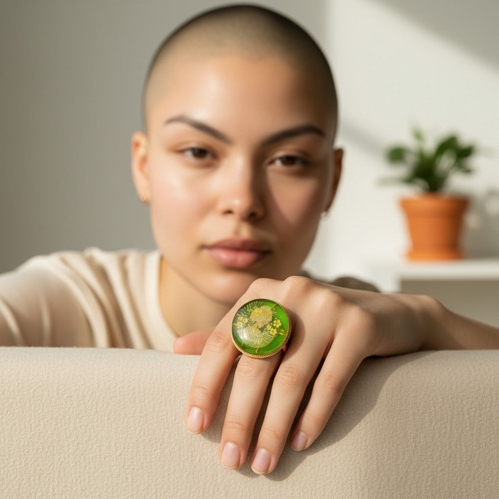 Anello Geisha di Ambra verde montato in Argento Dorato