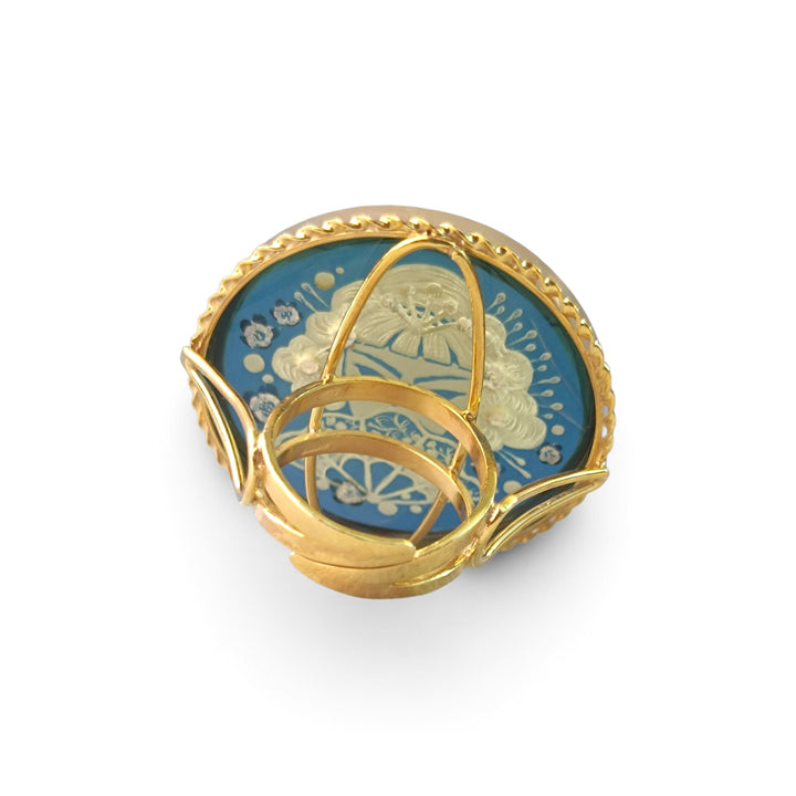 Anello Geisha di Ambra blu montato in Argento Dorato
