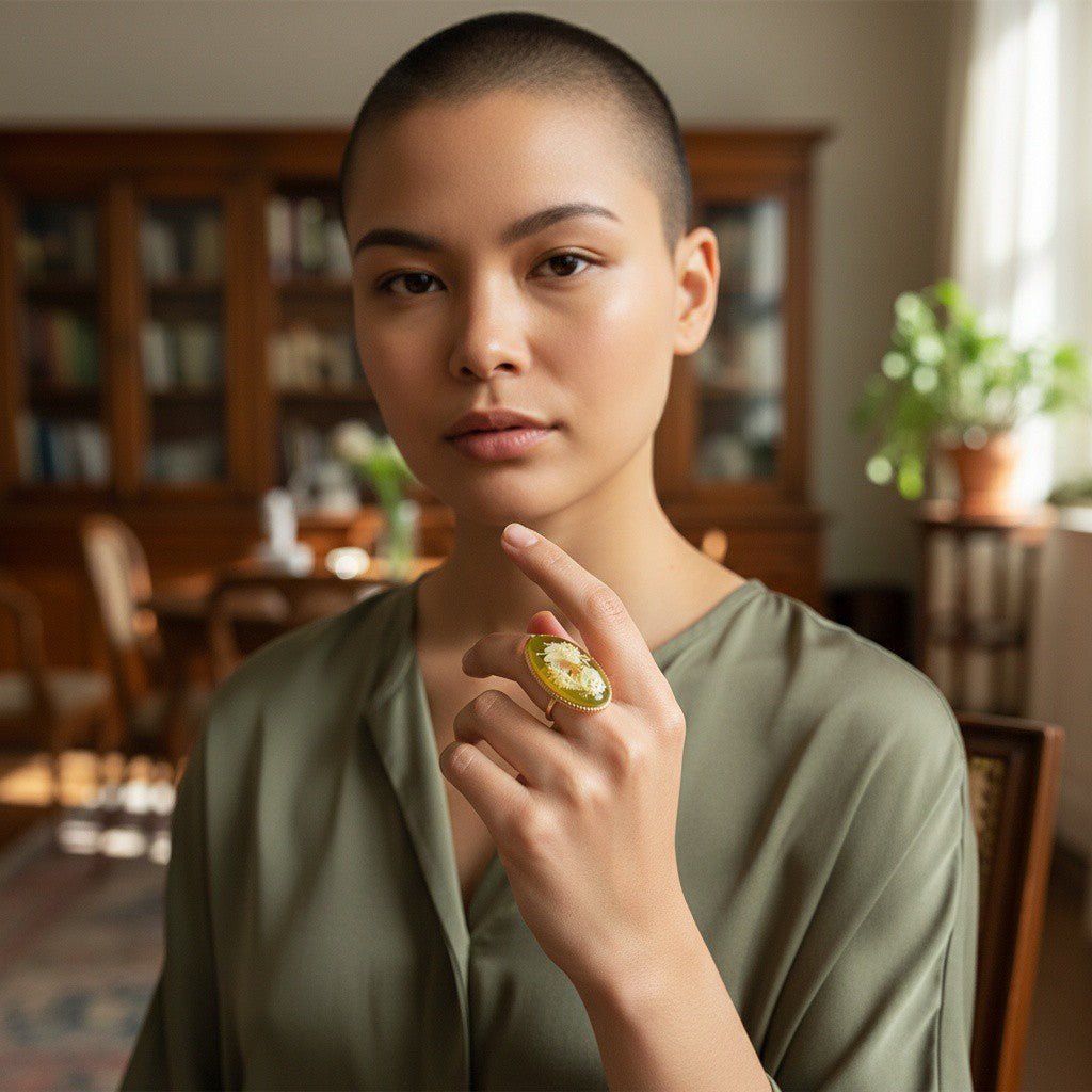 Anello Geisha di Ambra verde montato in Argento Dorato