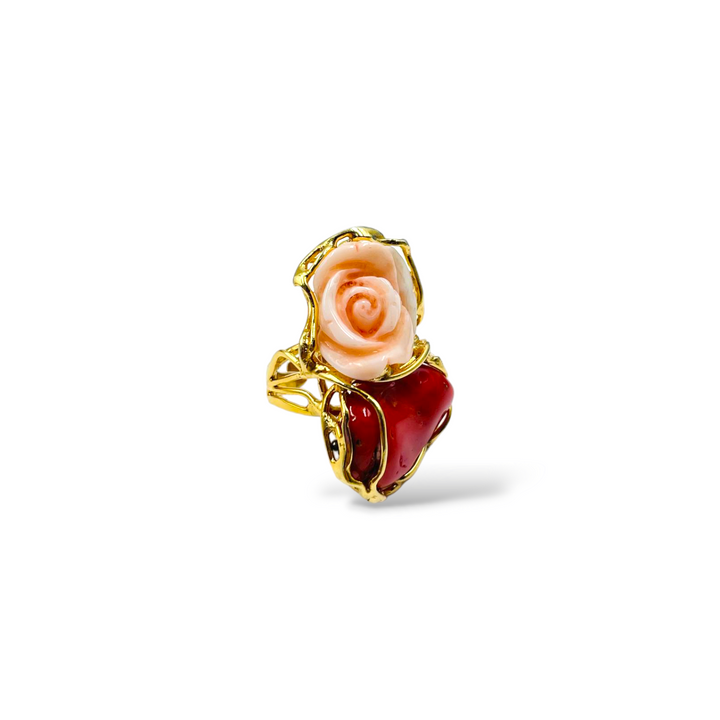 Pink coral stone ring mounted on silver