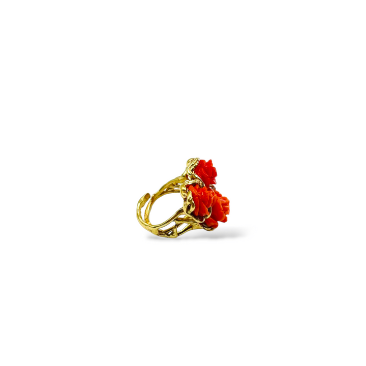 Three coral roses ring mounted on silver