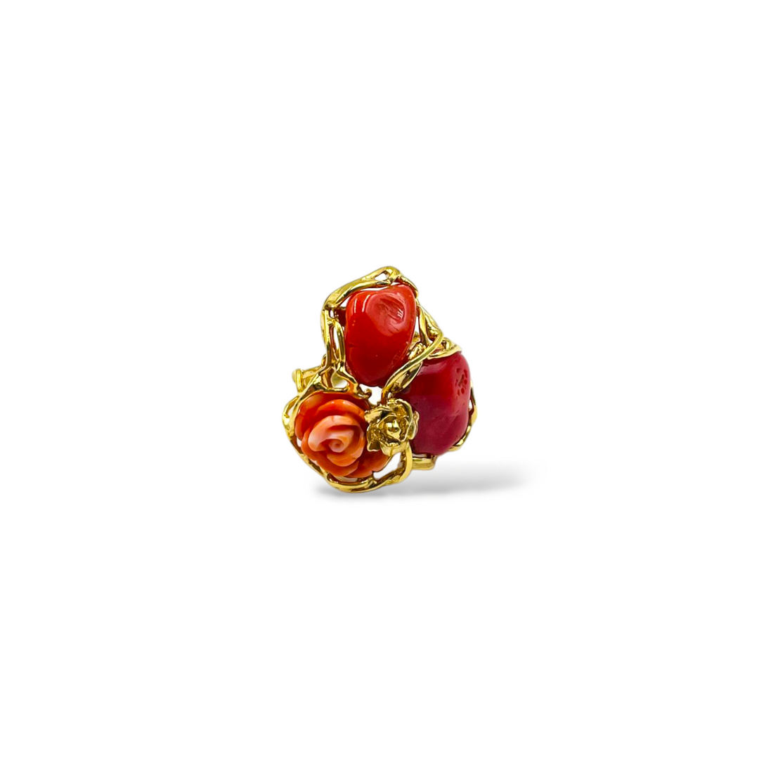 Pink ring and coral stone mounted on silver