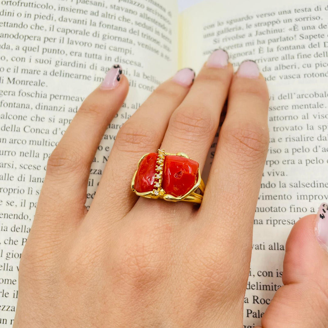 Coral stone and zirconia ring mounted on silver