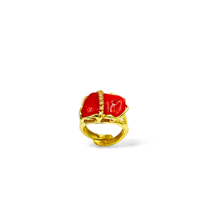 Coral stone and zirconia ring mounted on silver