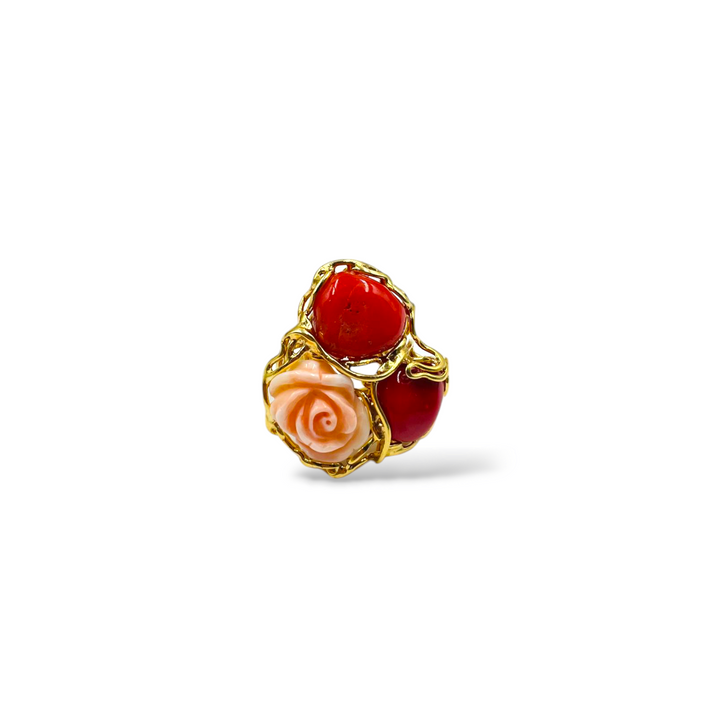 Pink ring and coral stone mounted on silver