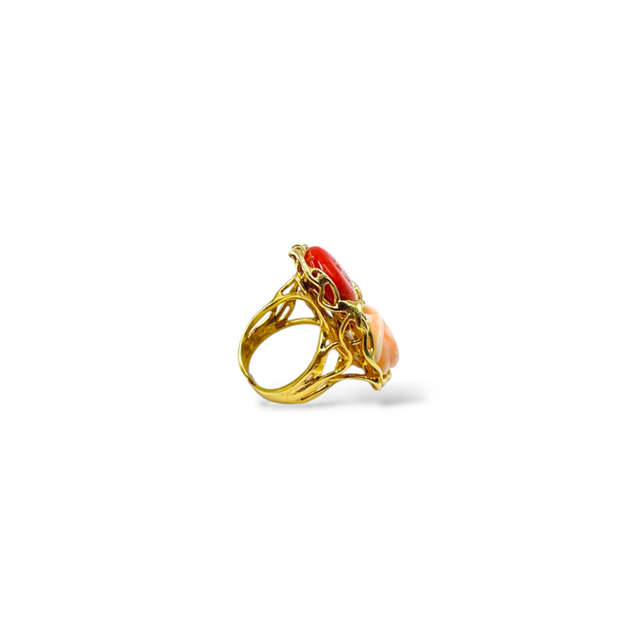 Pink ring and coral stone mounted on silver