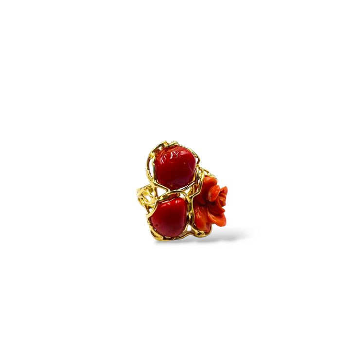 Pink coral stone ring mounted on silver