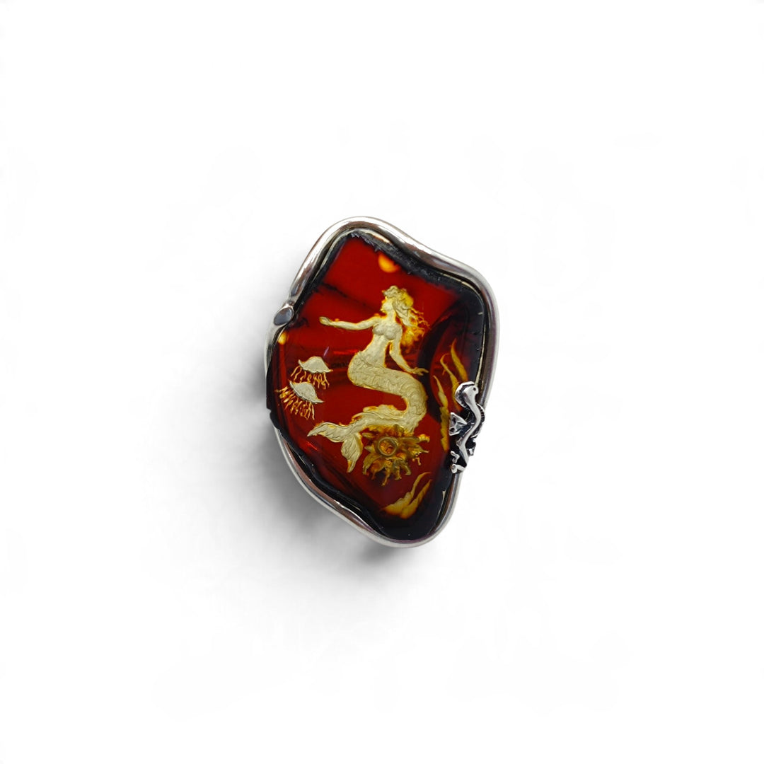 Anello Sirena di Ambra marrone montato in Argento