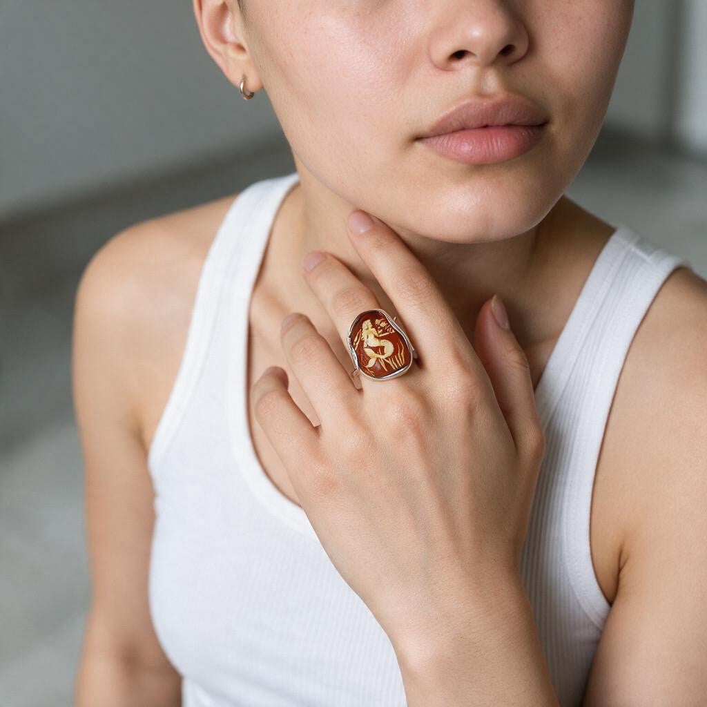 Anello Sirena di Ambra marrone montato in Argento