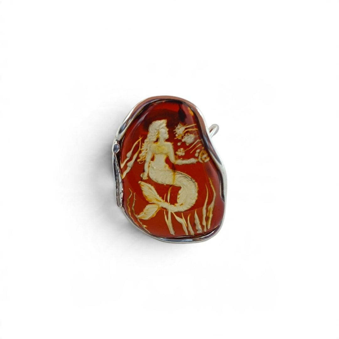 Anello Sirena di Ambra marrone montato in Argento