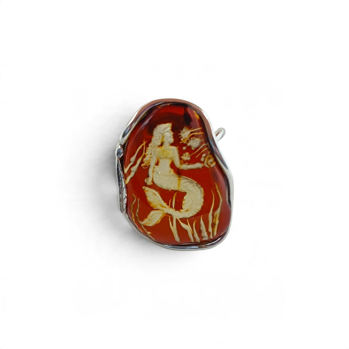 Anello Sirena di Ambra marrone montato in Argento