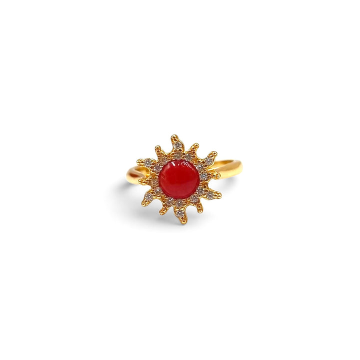 Anello Sole di Corallo e Zirconi montato in Argento Dorato