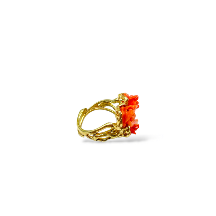 Coral rose tris ring mounted on silver