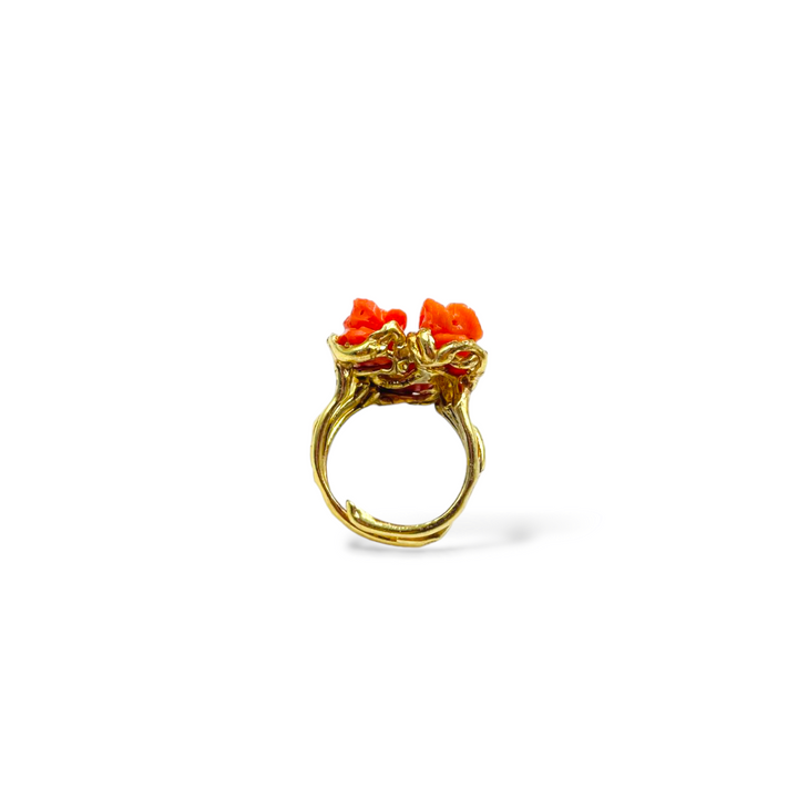 Coral rose tris ring mounted on silver