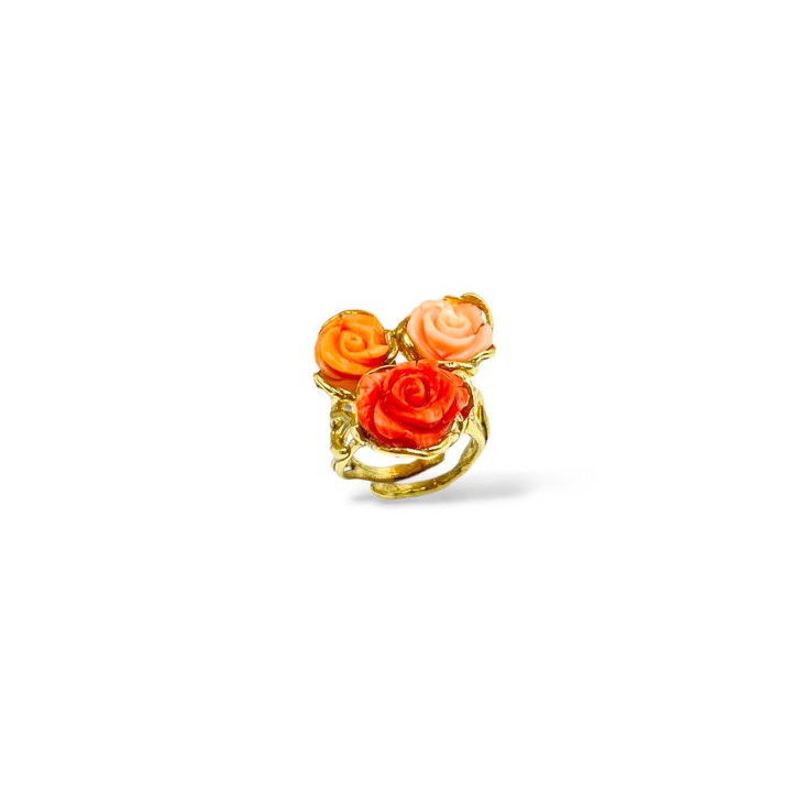 Coral rose tris ring mounted on silver