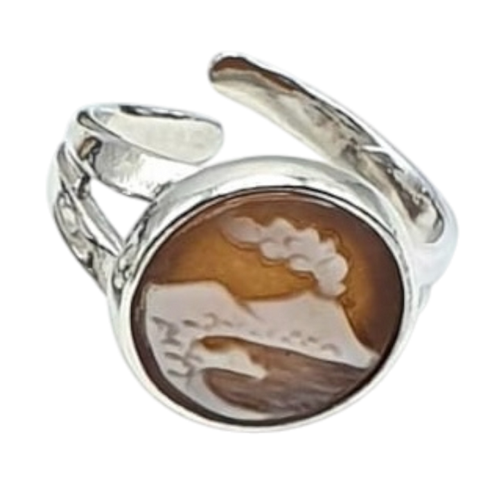 Rings with Neapolitan cameo charms mounted on silver