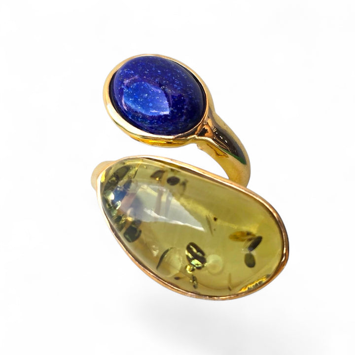 Green amber and lapis ring mounted on silver