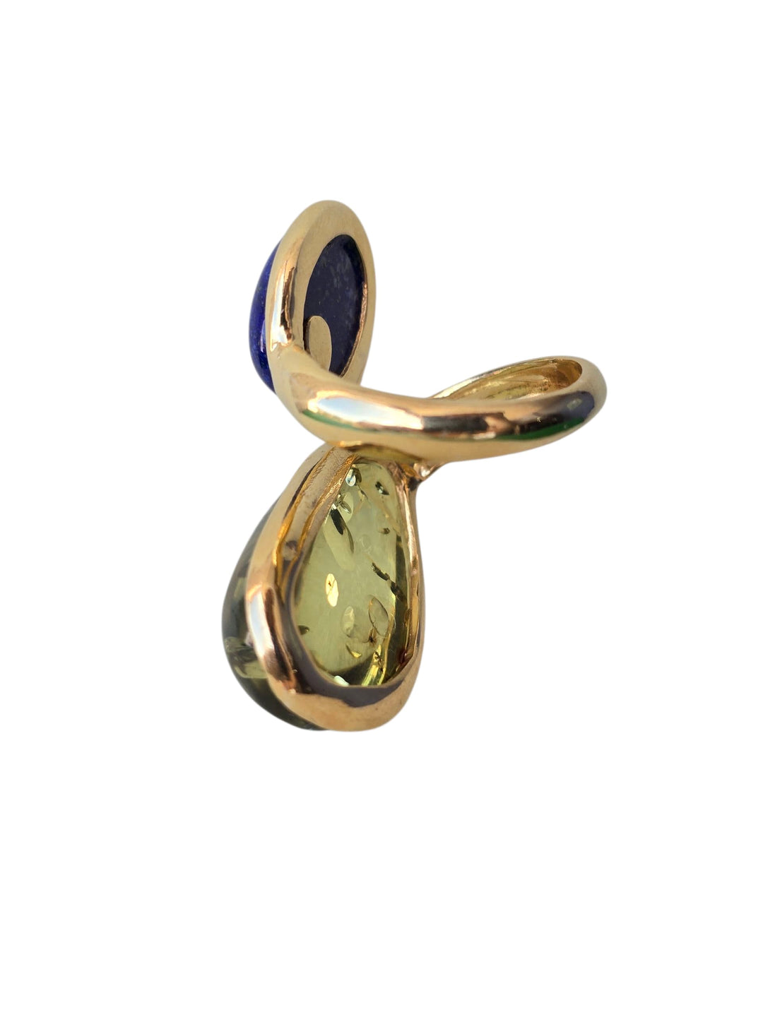 Green amber and lapis ring mounted on silver