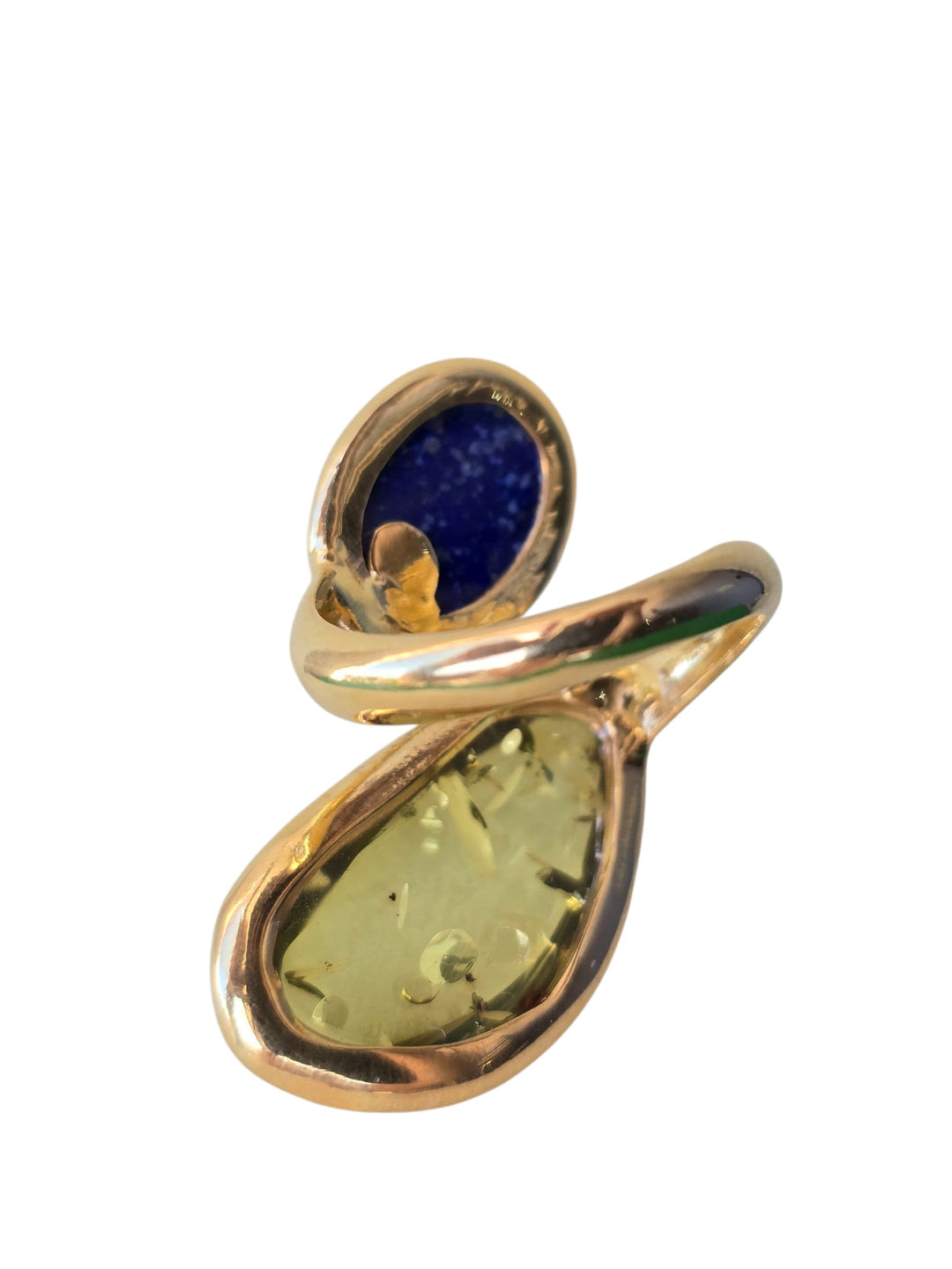 Green amber and lapis ring mounted on silver