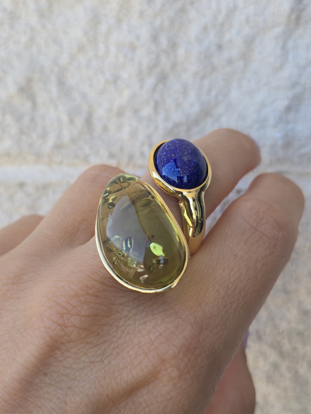 Green amber and lapis ring mounted on silver