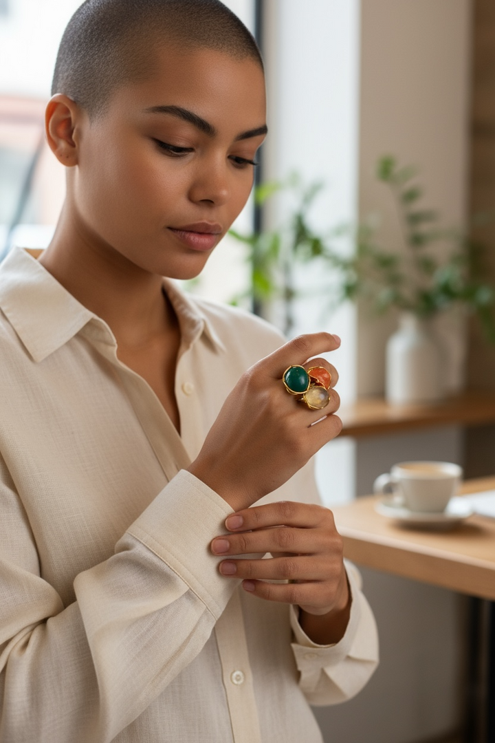 Trilogy Ring of Precious Stones and Gems set in Gold-Plated Silver