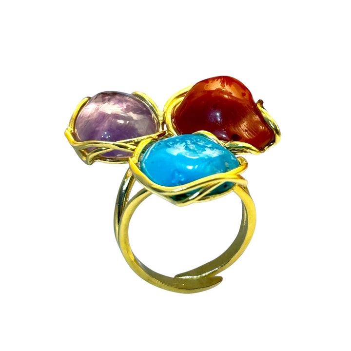Trilogy Ring of Precious Stones and Gems set in Gold-Plated Silver