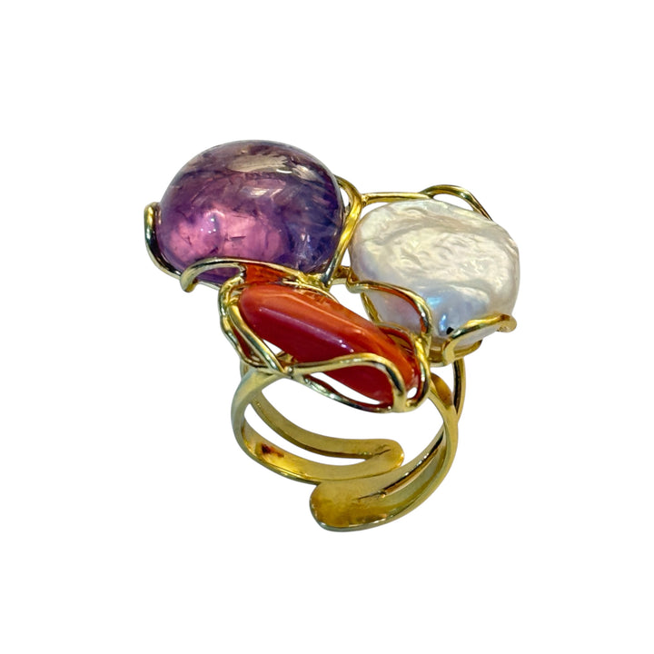 Trilogy Ring of Precious Stones and Gems set in Gold-Plated Silver