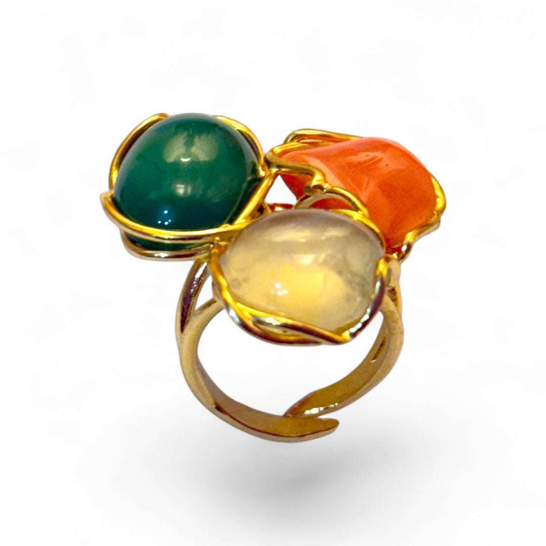 Trilogy Ring of Precious Stones and Gems set in Gold-Plated Silver