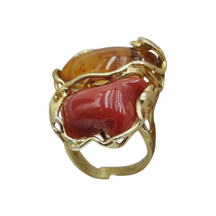 Anello corallo e ambra montato su argento