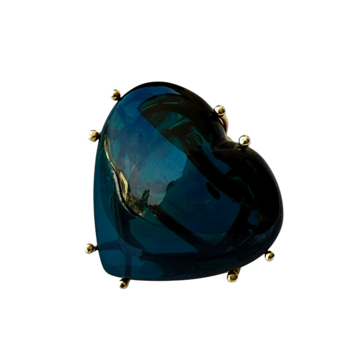 Faceted blue amber heart ring set in gold-plated silver