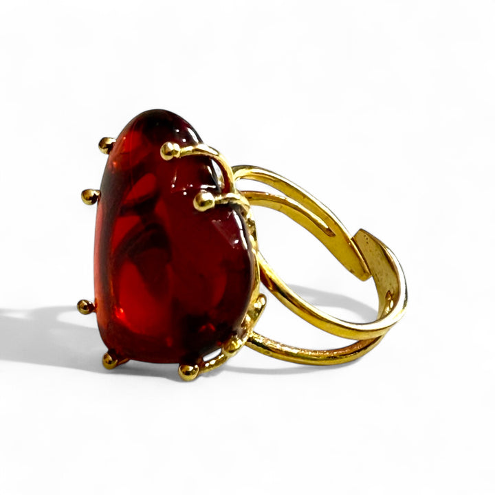 Baltic red amber heart ring set in silver