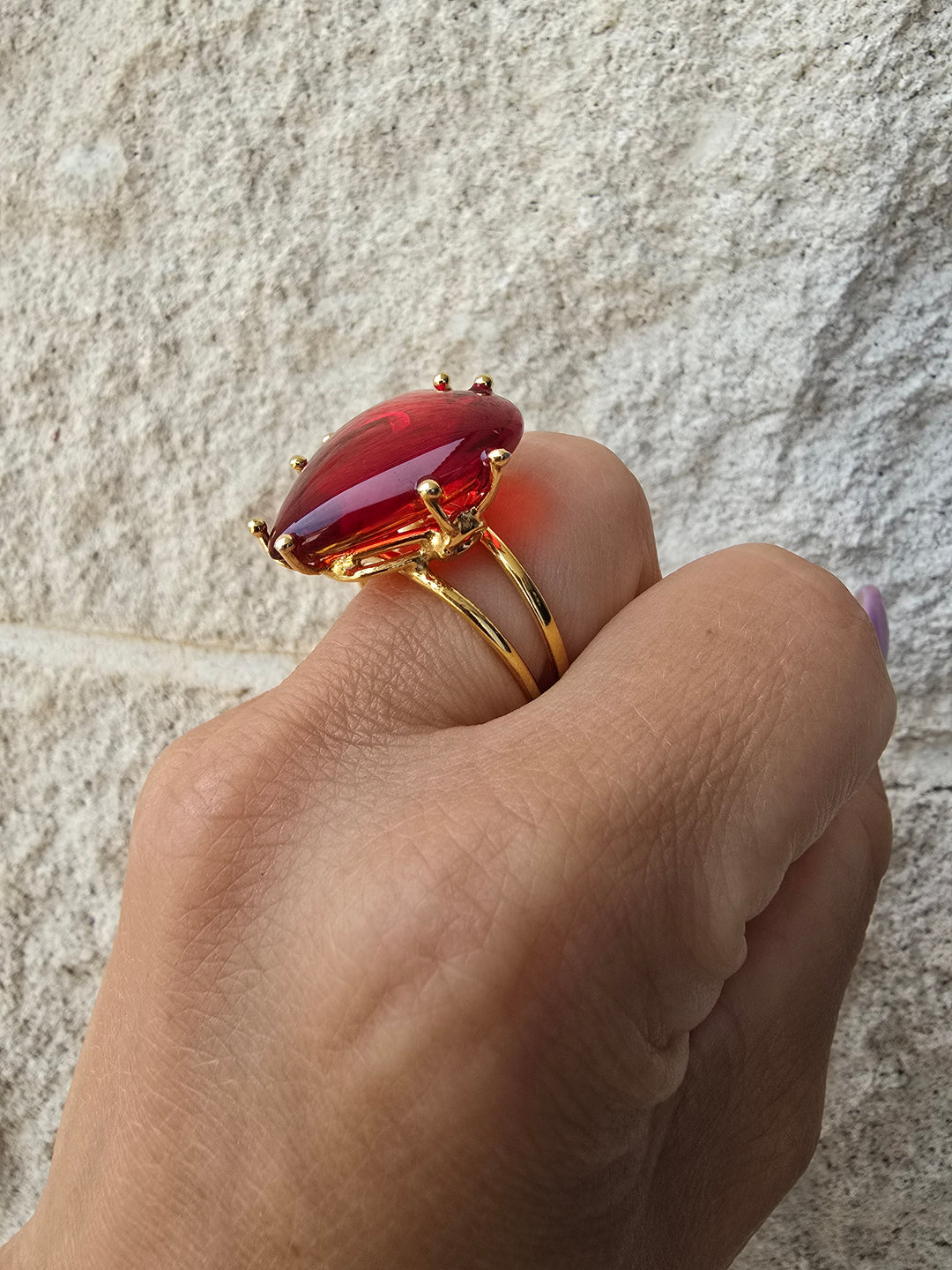 Baltic red amber heart ring set in silver